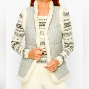 Talbots Women's Wool Blnd Faux Fur Trim Metallic Cable Insulated Gray Vest S NWT